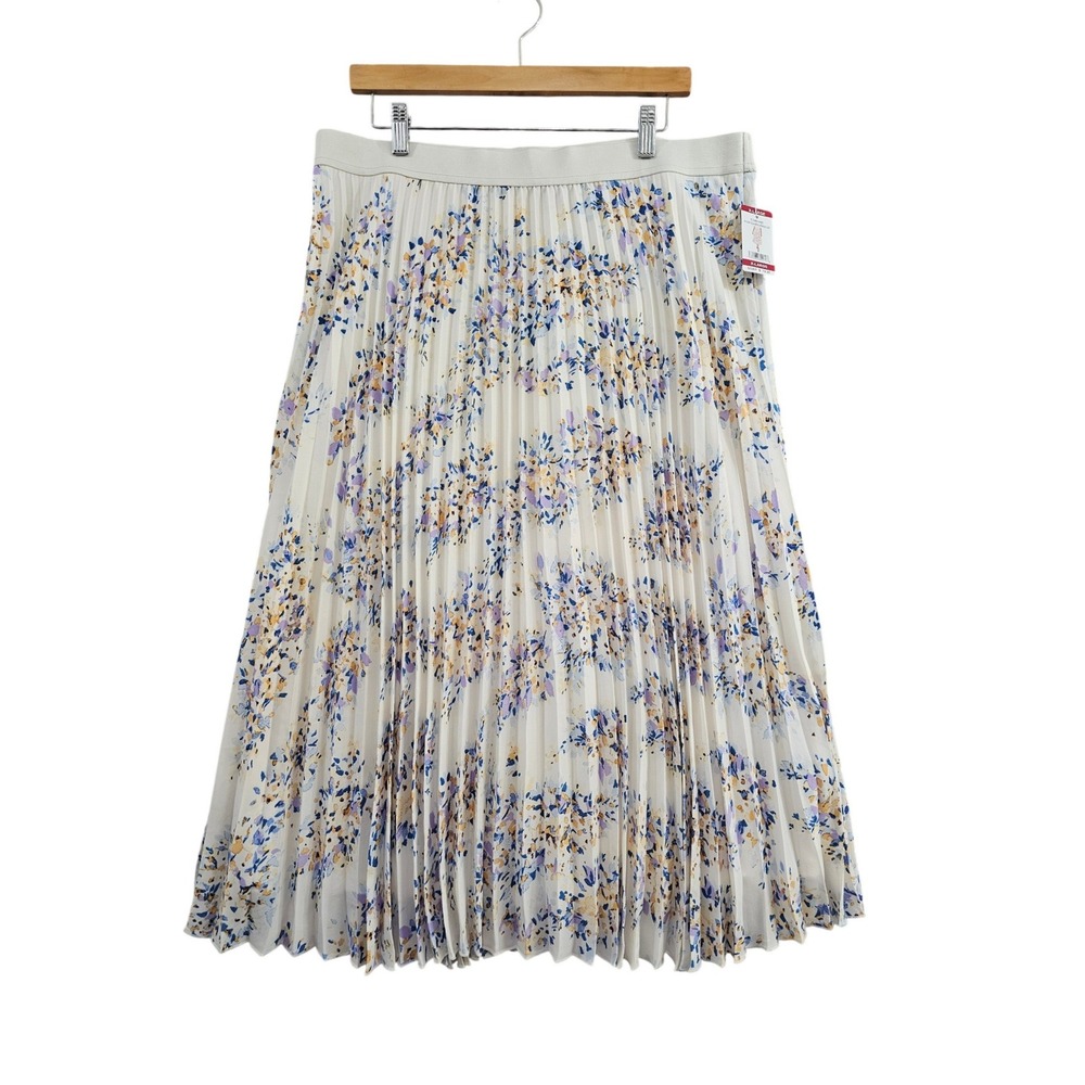 Vince Camuto Pleated Midi Skirt Women XL Ivory Lavender Blue Floral Chiffon NEW